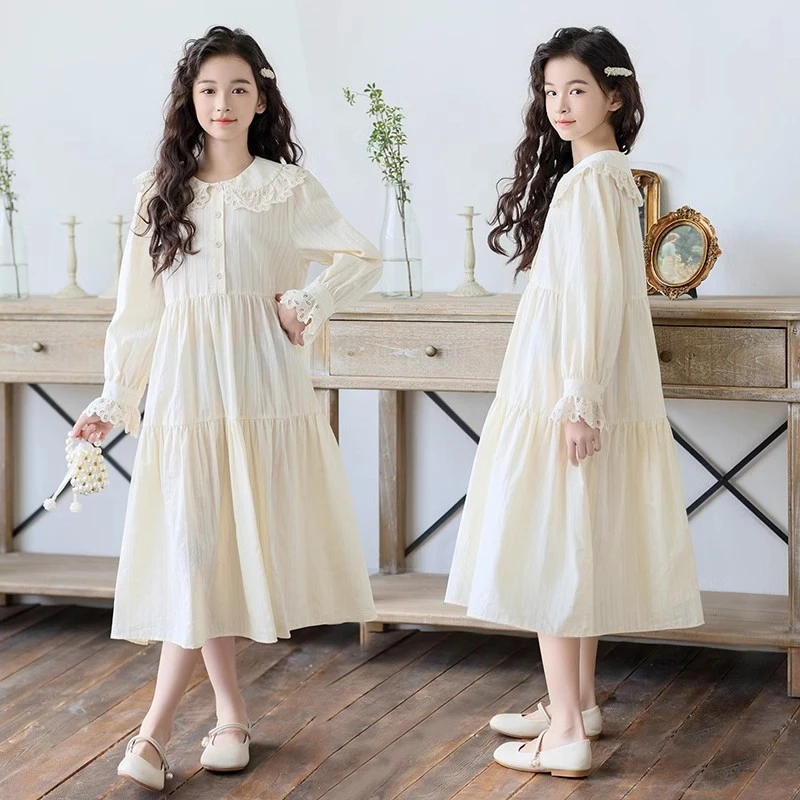 女童连衣裙2025秋季新款中大童时尚洋气长裙儿童娃娃领公主裙
