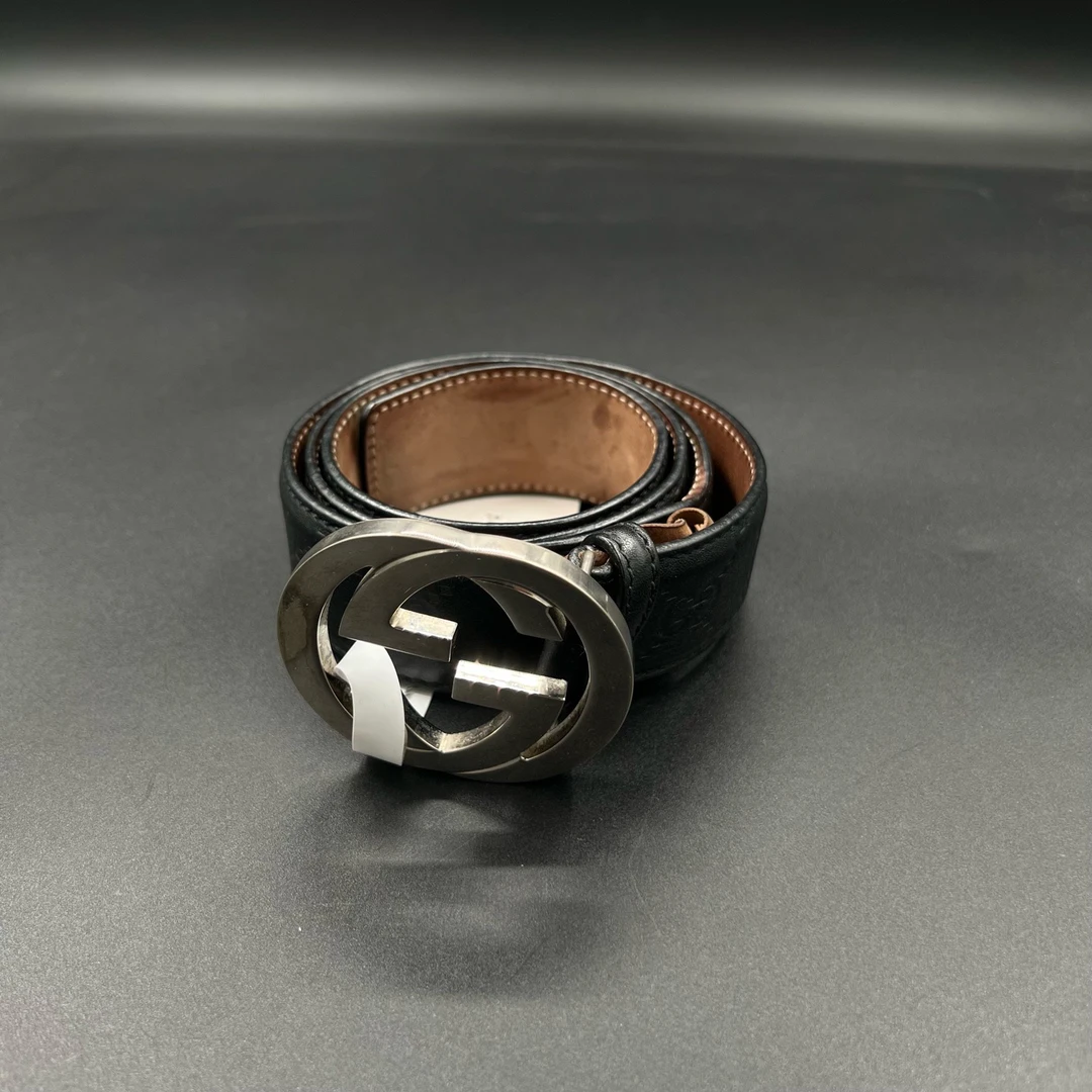 95新 GUCCI/古驰 jp924 019892 黑色压纹GG腰带 100cm/