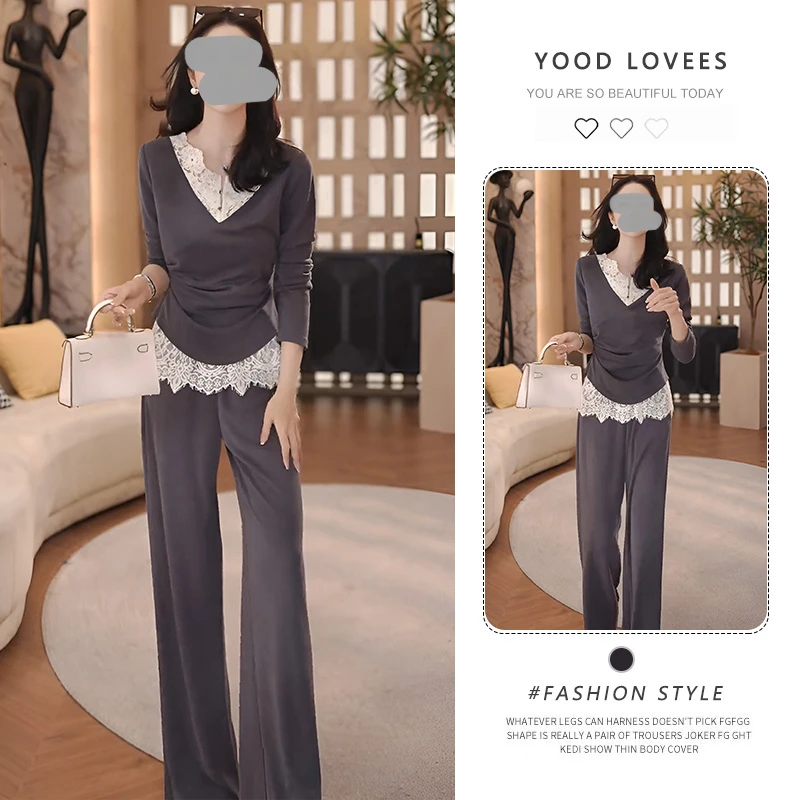 2025春秋新款时尚慵懒风蕾丝拼接长袖上衣休闲百搭阔腿裤两件套潮