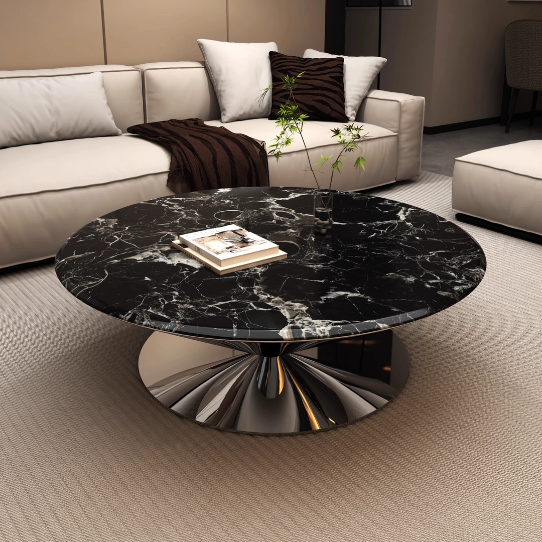意式轻奢大理石宝格丽黑高端家用品牌大师设计圆形飞碟茶几