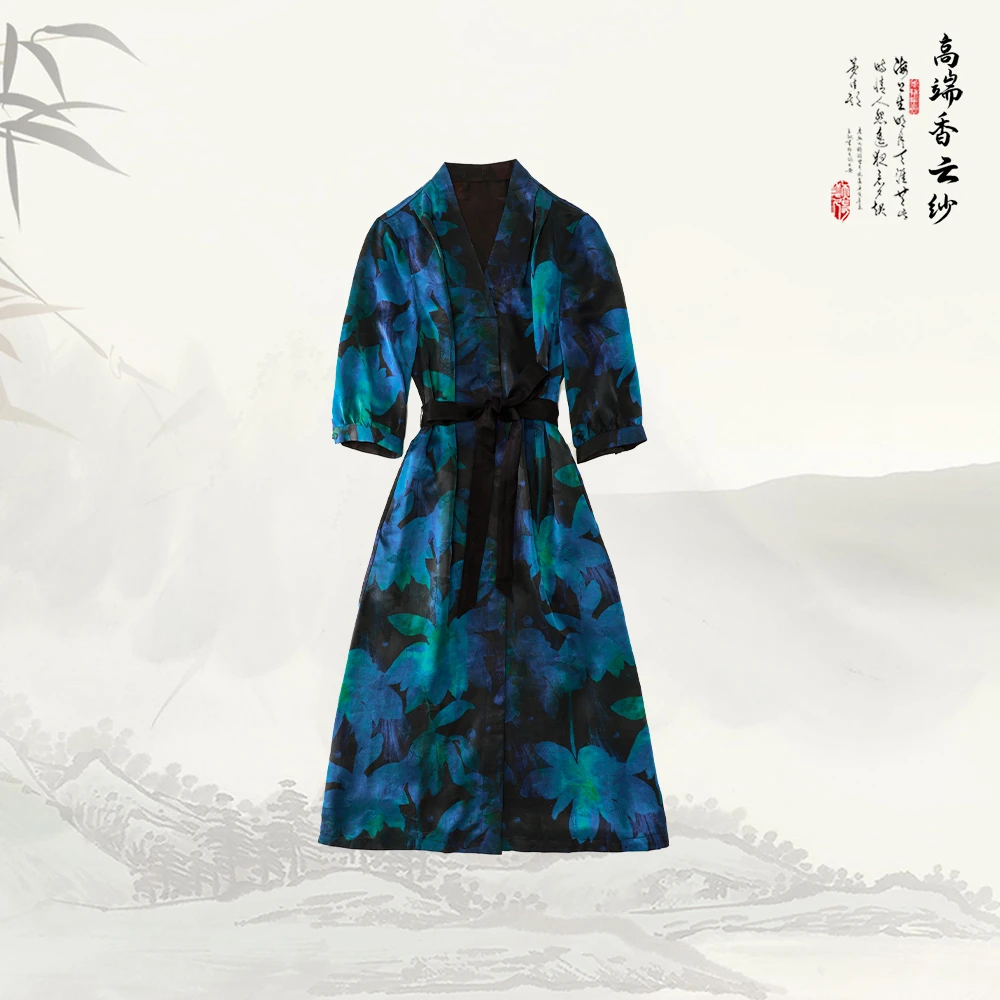 品牌新款高端品牌真丝香云纱两穿桑蚕丝腰带显瘦连衣裙516182