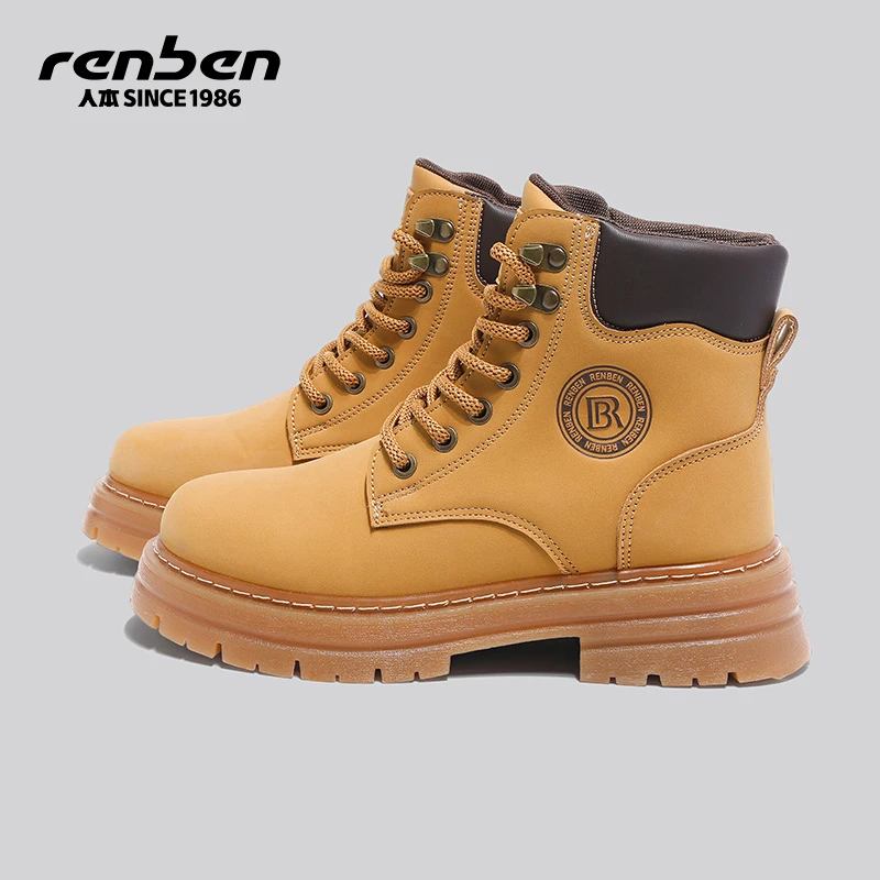 人本官方旗舰店2025女耐磨马丁靴女士大黄靴高帮靴子职场休闲风ol