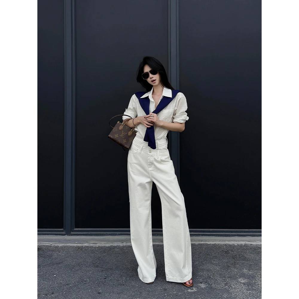 IFMR【白牛阔腿】2025夏季直筒宽松阔腿牛仔裤女中腰显瘦休闲长裤