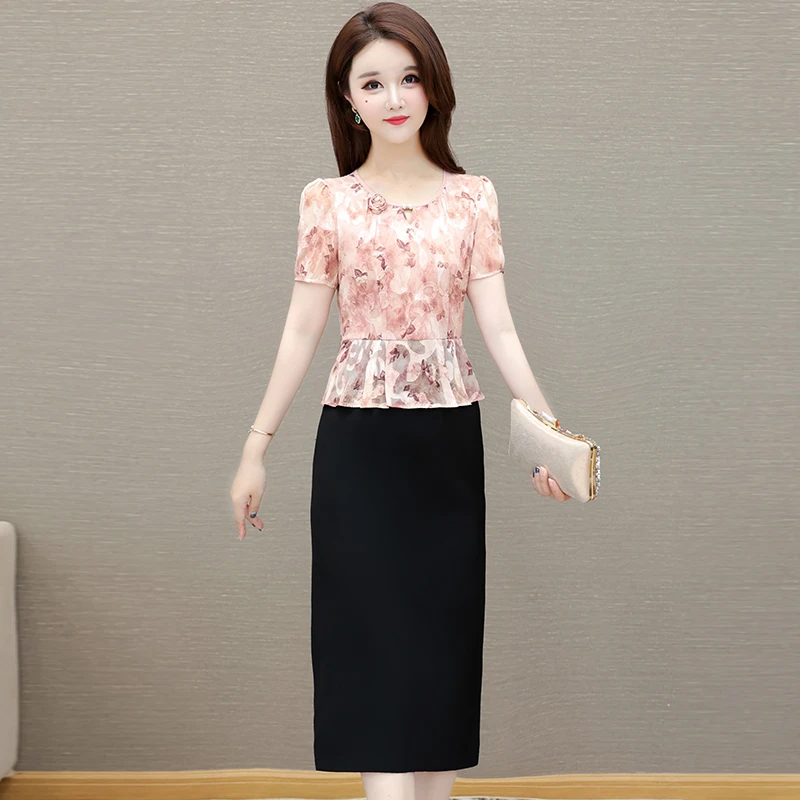 气质假两件连衣裙女显瘦洋气时尚夏季碎花中年减龄收腰中长款裙子