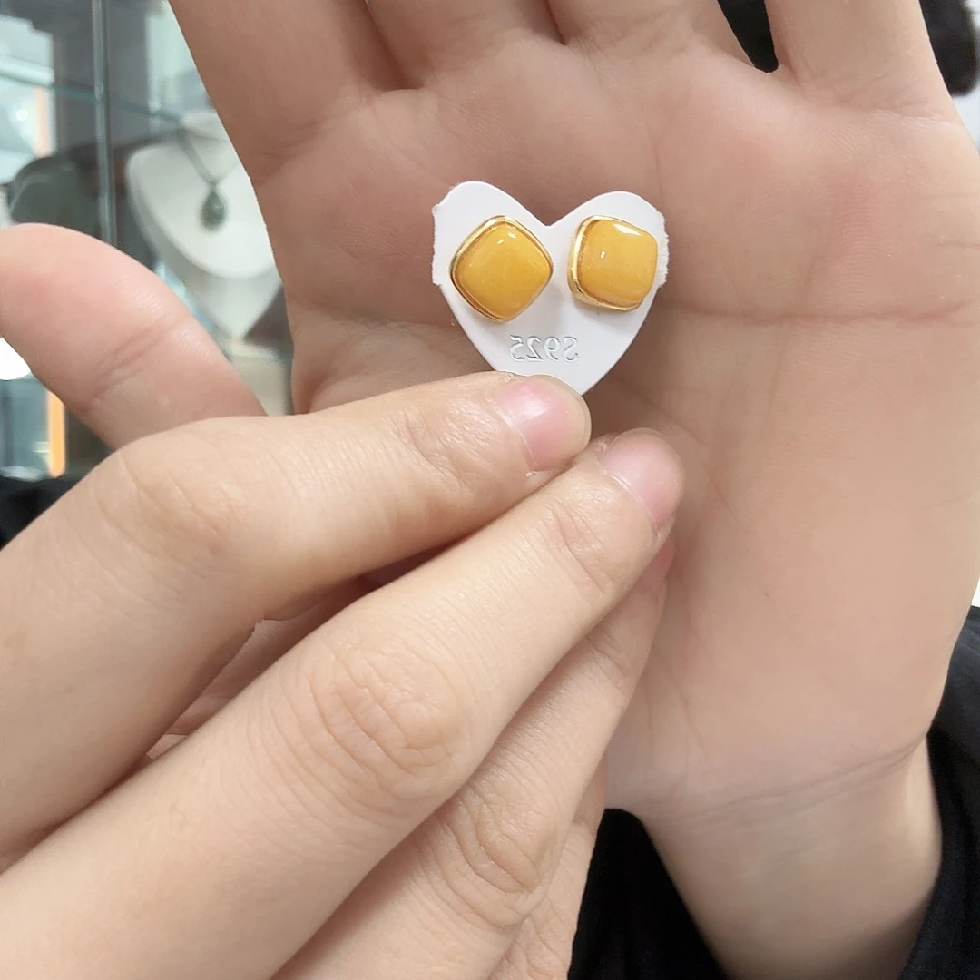 查罗石合金耳钉蜜蜡银镶