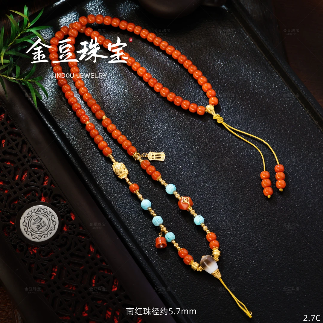 【金豆】抓八方C||18K金天然豪镶太太令螃蟹高阶南红原矿绿松毛衣链