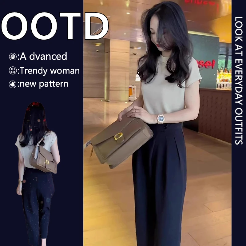 显瘦简约休闲两件套女夏大码遮肉短袖上衣高级感阔腿裤搭配一整套