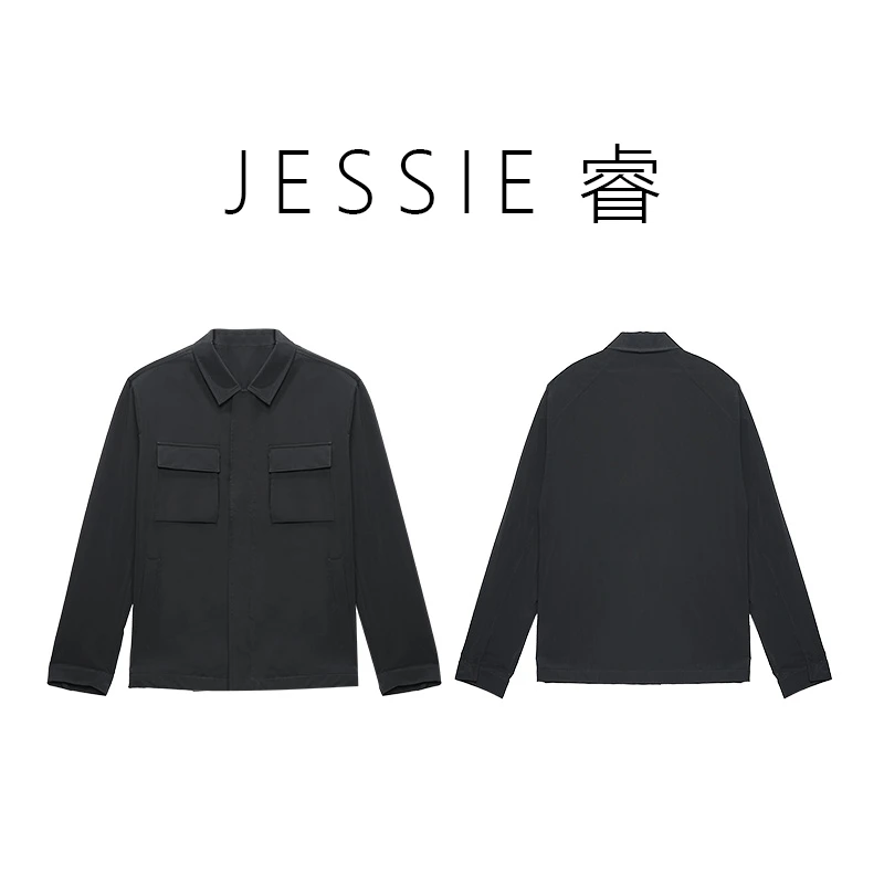 JESSIE睿 LP纯色直下摆翻领经典防风双口袋夹克外套百搭运动休闲
