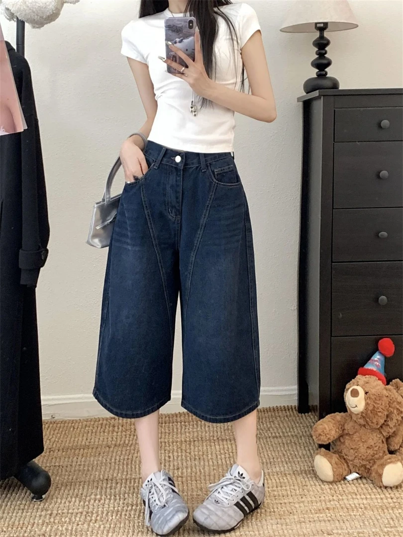 美式复古字母刺绣弯刀牛仔七分裤夏季宽松休闲过膝阔腿直筒短裤潮