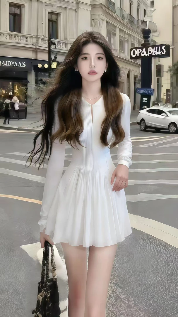 轻奢新款时尚小清新气质显瘦百搭白色V领长袖修身收腰小众连衣裙