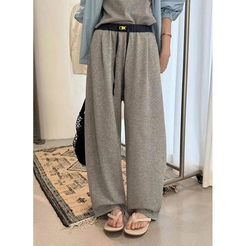 阿土秀撞色松紧腰抽绳卫裤女2025春季新款韩版宽松显瘦阔腿休闲裤