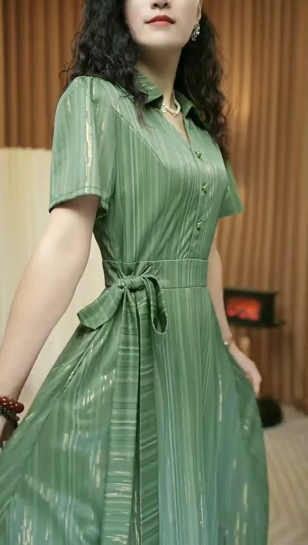 高端洋气连衣裙长裙女夏季新款收腰衣服显瘦时尚中长款裙子女绿色