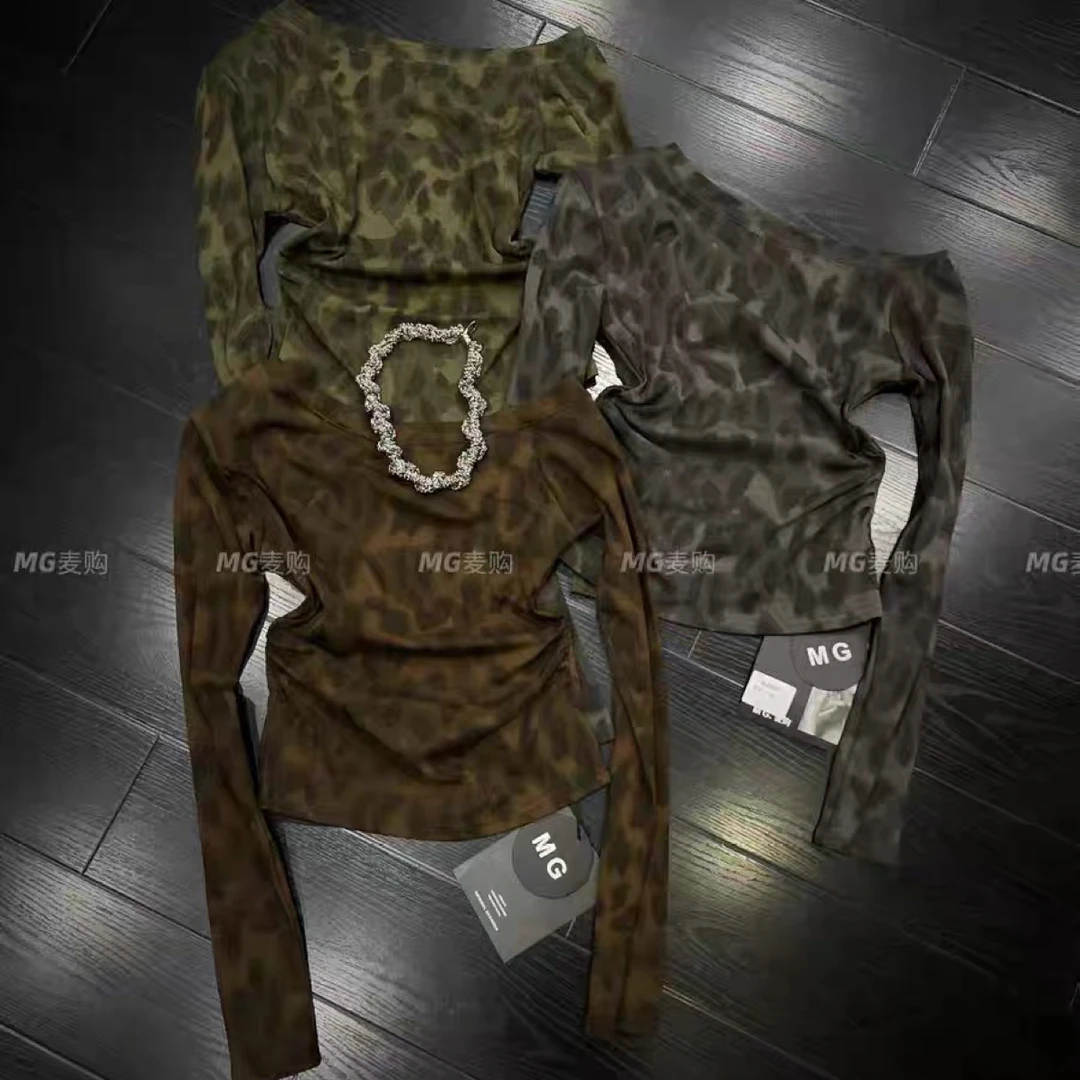 2025秋季新款时尚百搭纯欲辣妹显瘦斜肩豹纹长袖T恤女上衣女潮