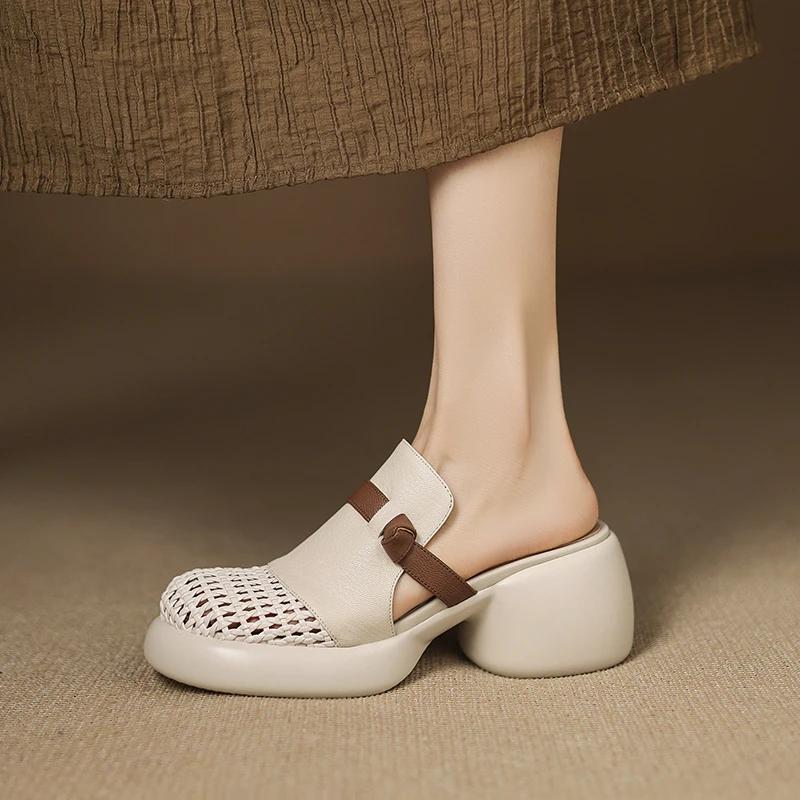 手工鞋/6CM高跟真皮包头半拖鞋女外穿配裙子时尚编织镂空凉鞋M839