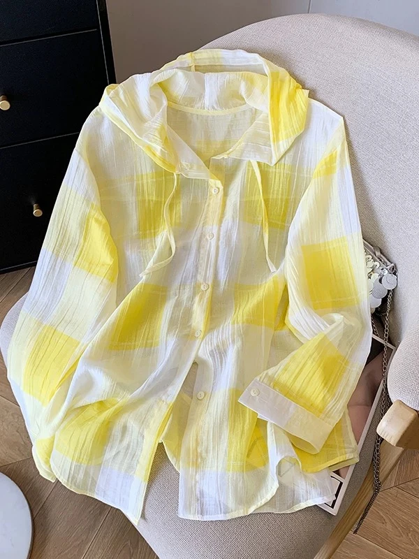 【秀宝女装】夏季百搭格子连帽防晒衬衫XB4214