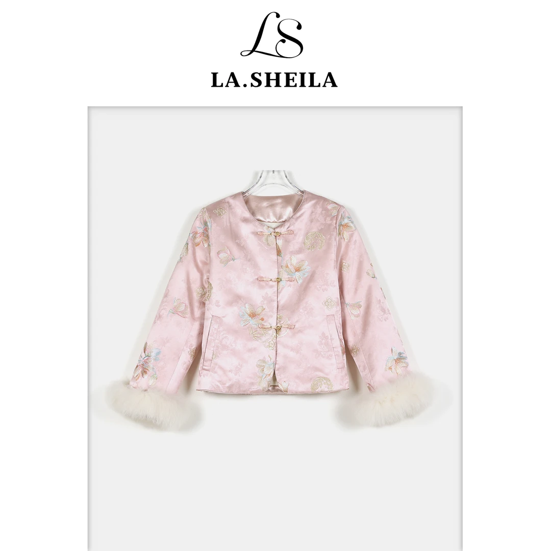 LA.Sheila“千金牡丹图”国风狐狸毛袖羽绒服254-YRF/1206-7713