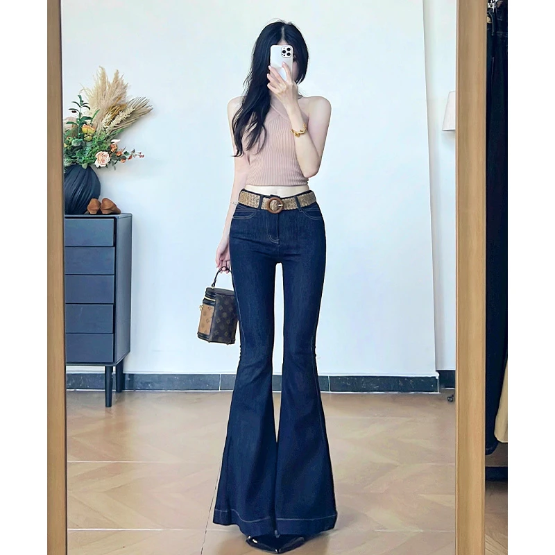 乔栈复古丹宁蓝双V收腰修身气质喇叭牛仔裤女秋冬弹力美人鱼微喇