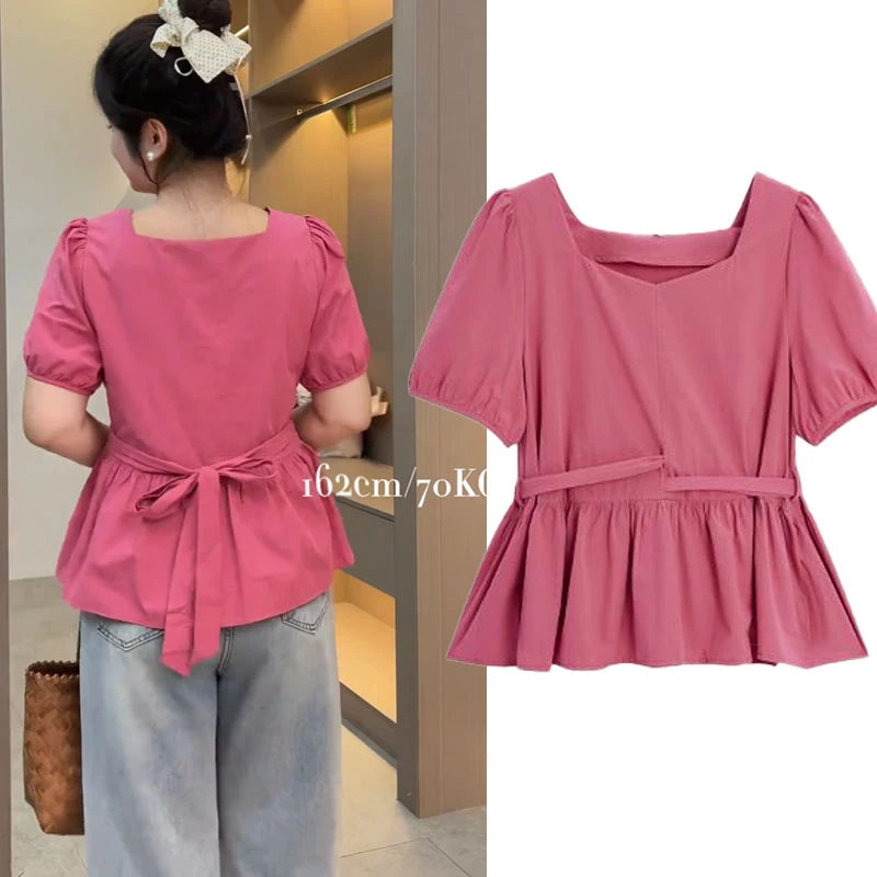 【8007】夏季新款胖mm法式设计感收腰系带衬衫小众别致不规则上衣