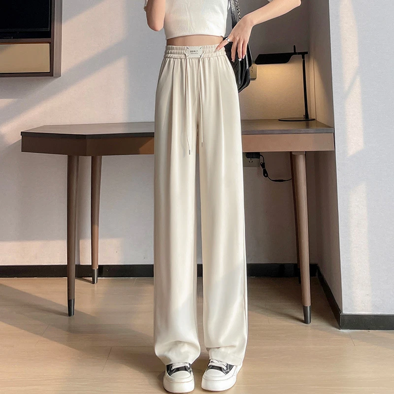 显瘦高腰夏季休闲裤女阔腿直筒垂感西装长裤薄款冰丝抽绳卡其气质