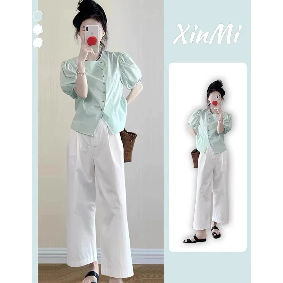 2025夏季大码胖mm法式复古短袖衬衫女时尚遮肉显瘦白色休闲裤套装