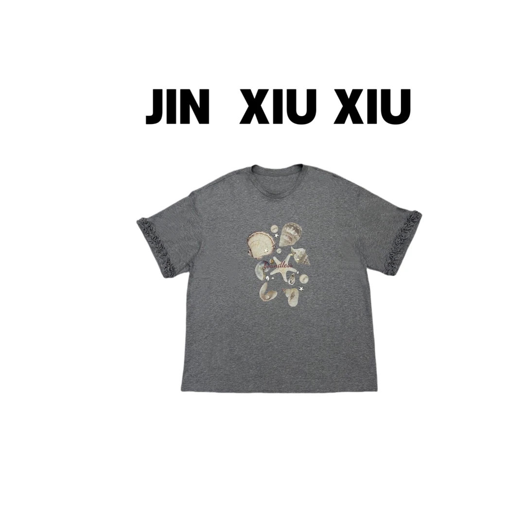 JINXIUXIU夏季新款海螺海星立体装饰拼接韩系甜美圆领短袖T恤437