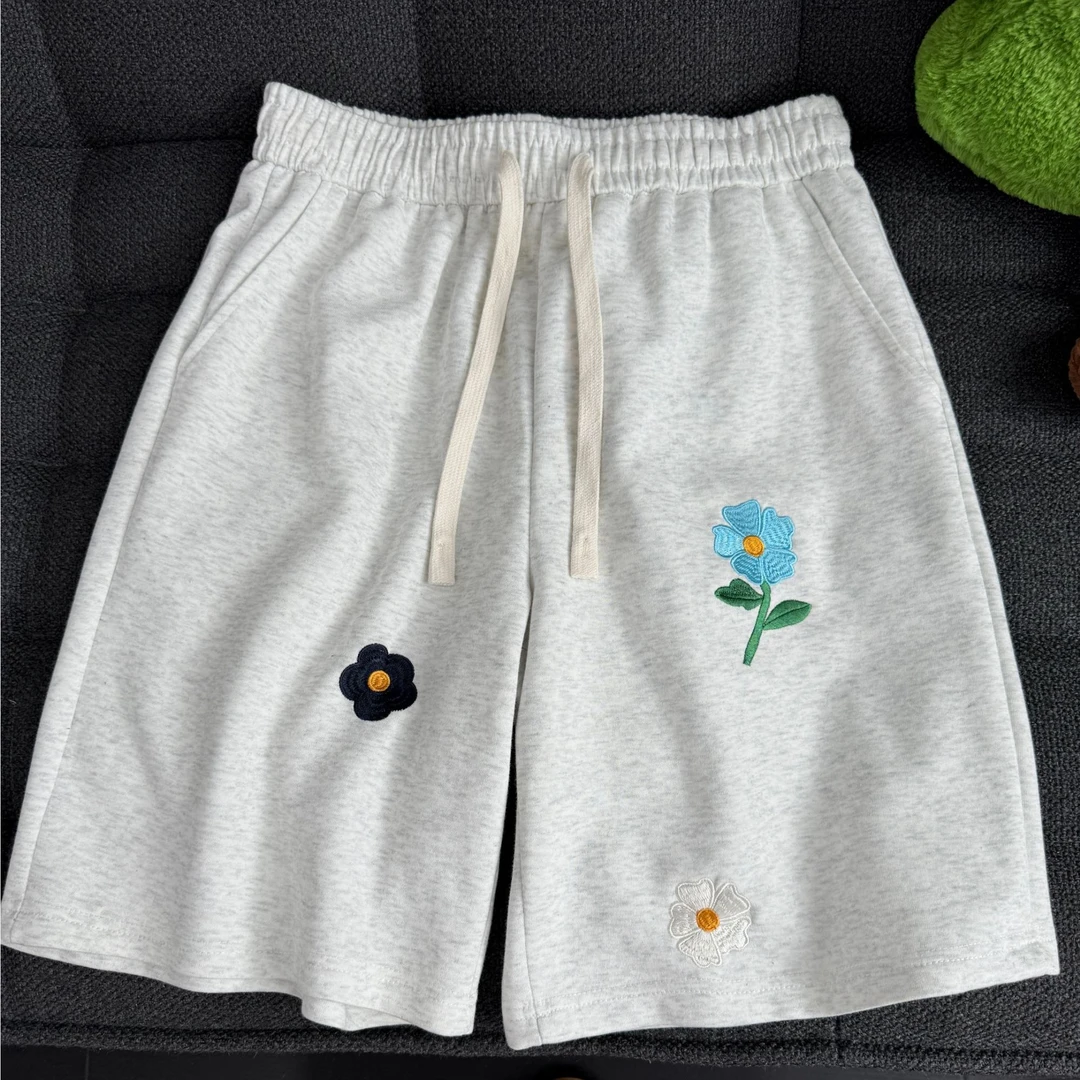 夏季走心礼物小花刺绣情侣短裤男夏季oversize宽松运动五分沙滩裤