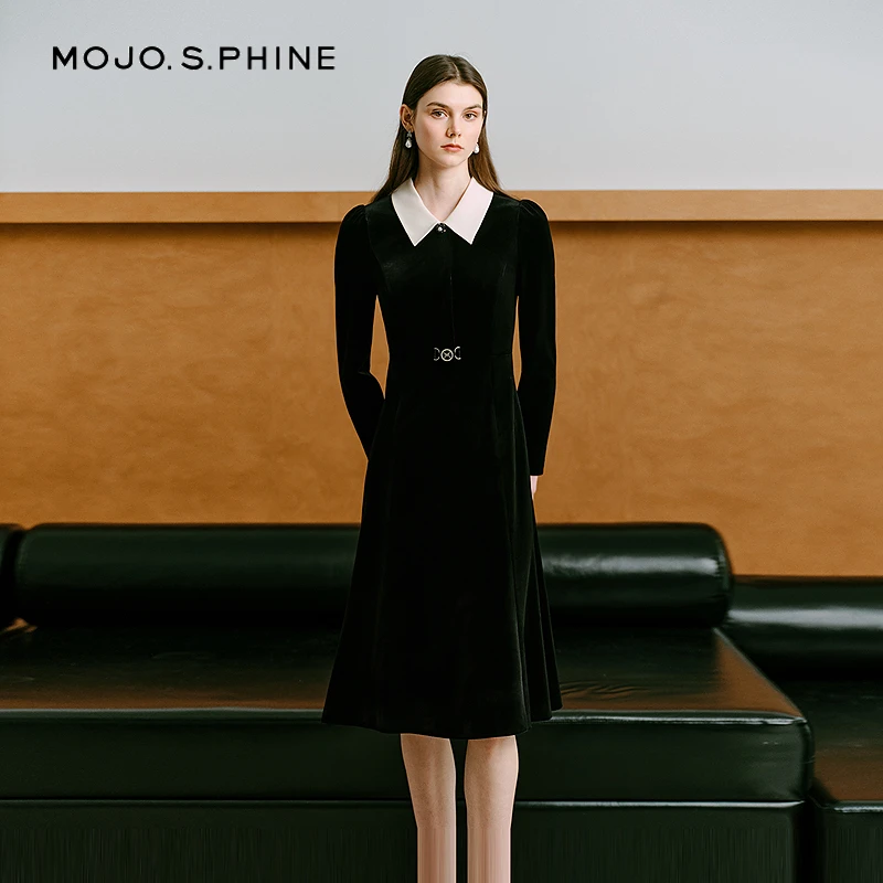 2025新款法式优雅丝绒连衣裙黑白撞色经典小黑裙-MOGD04VOP010B01