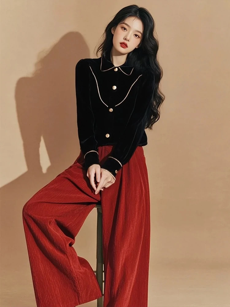 清冷松弛感穿搭小香风黑色镶边长袖丝绒衬衫时尚阔腿裤职业套装女