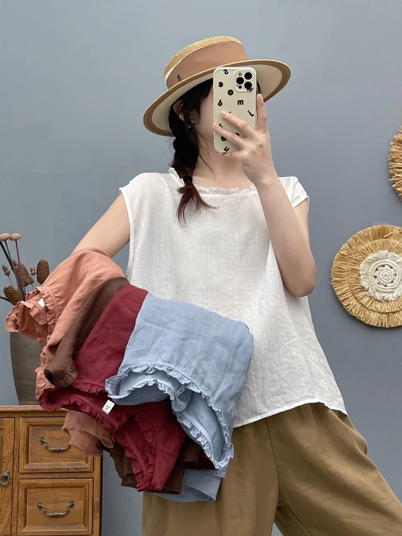 2025苎麻纯色背心背后纽扣无袖计感夏季休闲简约薄款宽松时尚外穿