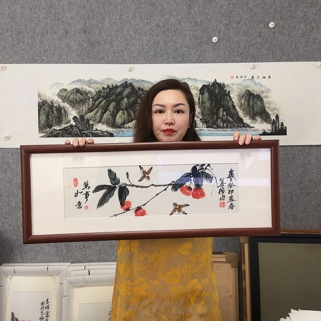 国画柿子 万事如意 28*75 实木框裱 孤品 纯手绘 年底福利