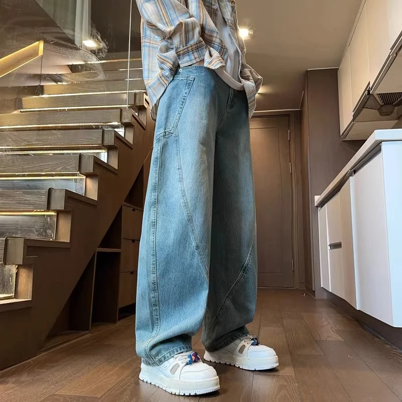 殿若弯刀牛仔裤男春秋冬加绒潮牌美式复古阔腿裤子宽松直筒工装裤