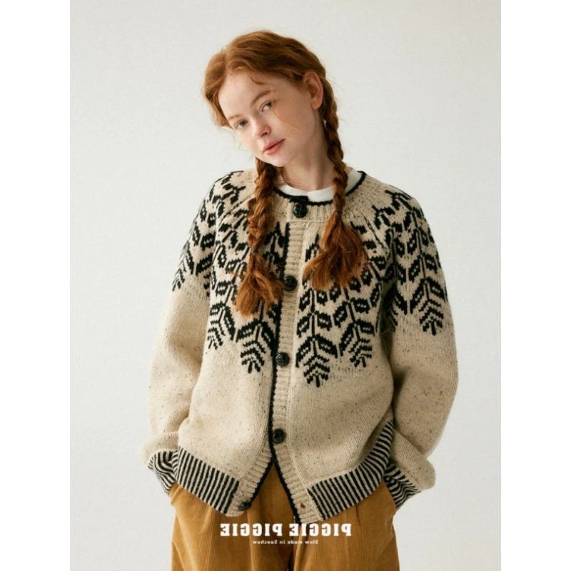 法式复古费尔岛毛衣针织开衫女2025新款秋冬加厚宽松慵懒圆领外套