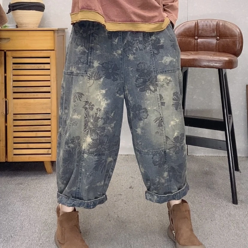 【云吖】春夏复古休闲印花牛仔炒色做旧水洗八分直筒阔腿牛仔裤