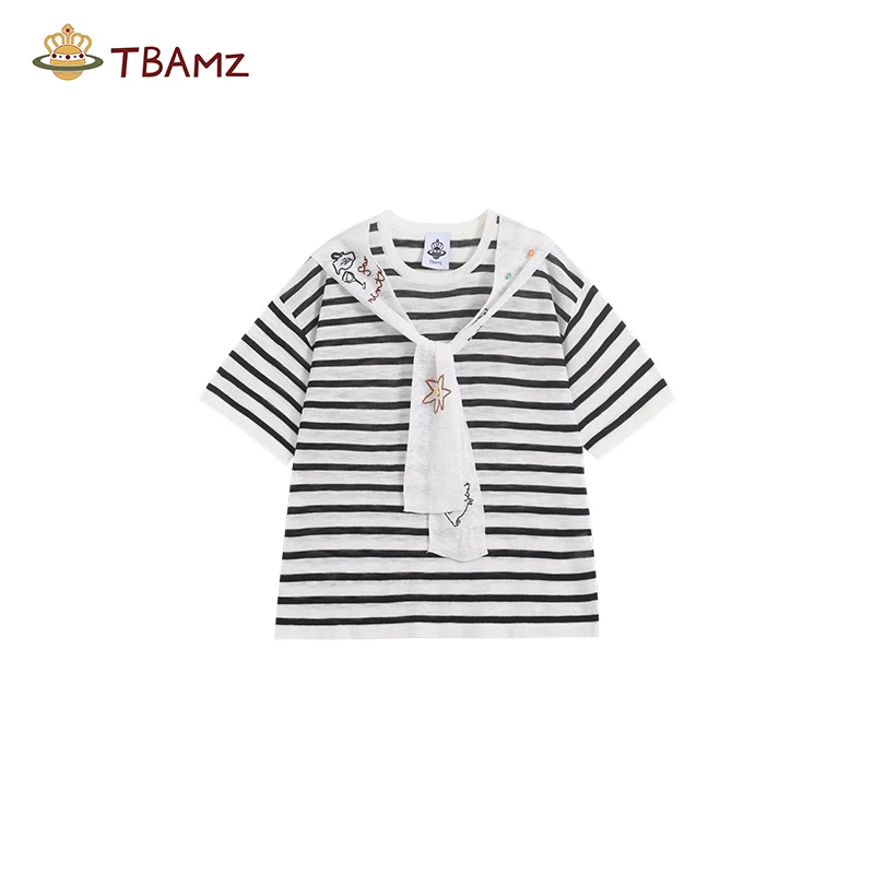 TBAMZ 樱桃小狗刺绣披肩条纹针织短袖上衣 15MY485