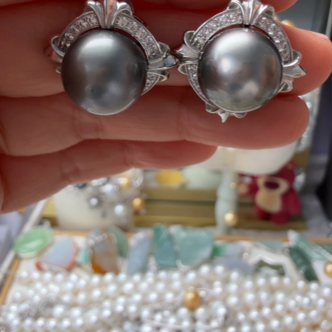 海水珍珠银S925镶嵌耳饰12.5