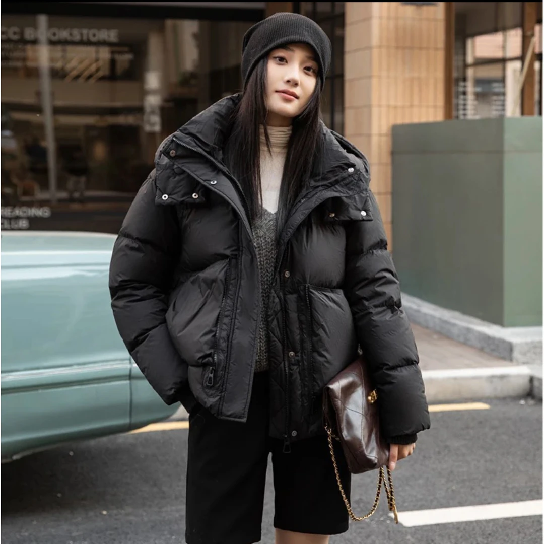 拉链潮流情侣秋冬短款连帽高蓬易回弹宽松保暖羽绒服女②