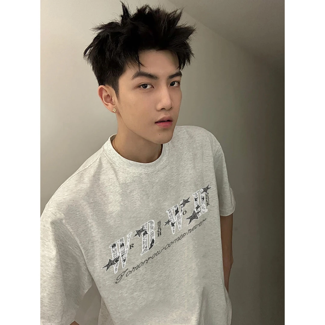 100%纯棉美式t恤字母短袖男女圆领潮流休闲夏季宽松百搭半袖上衣