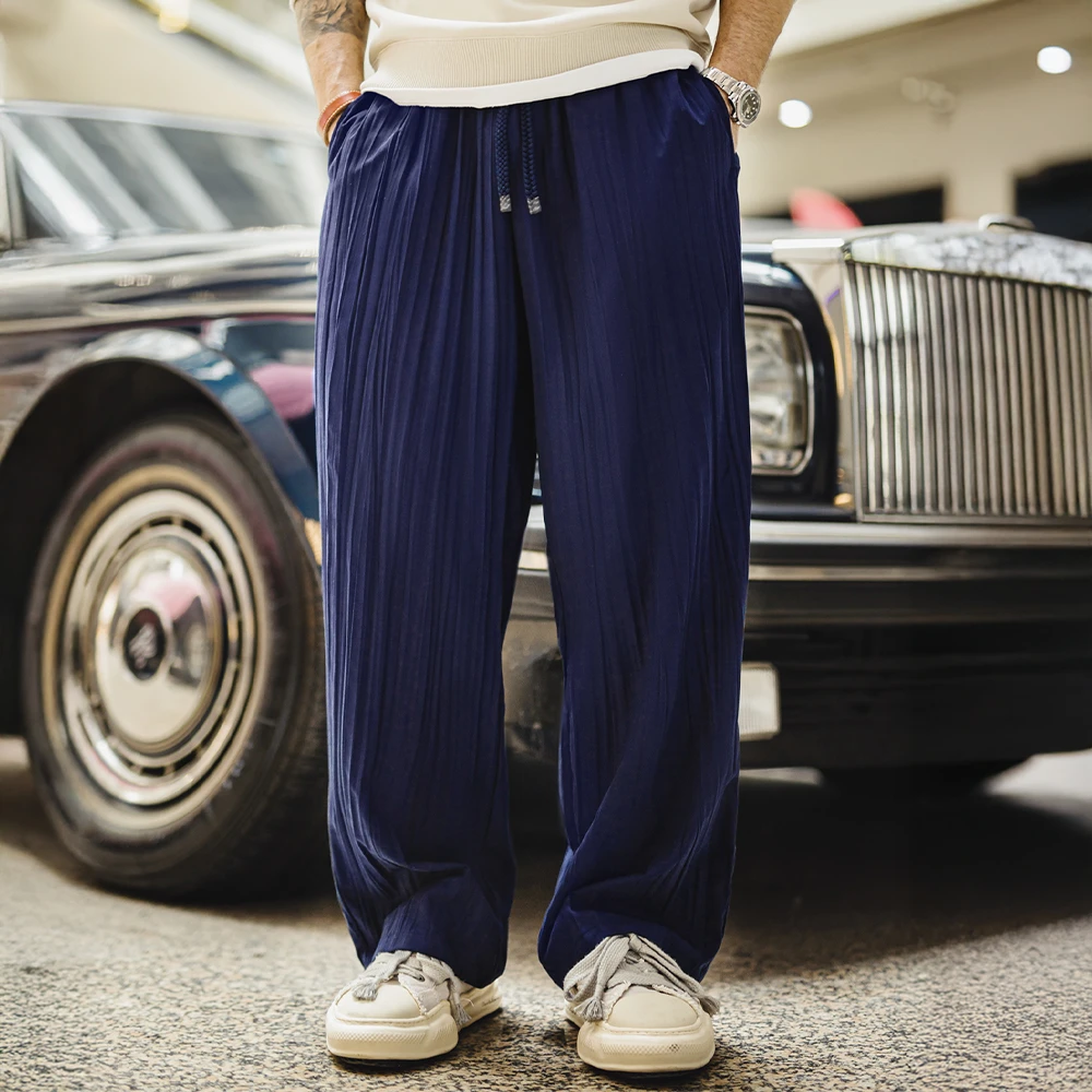 马登工装日系褶皱休闲坐禅裤藏青色轻薄款透气抽绳垂感长裤子男夏