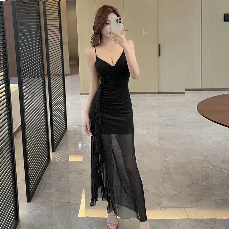 法式名媛时尚气质花朵性感吊带连衣裙辣妹镂空紧身夜场包臀长裙子