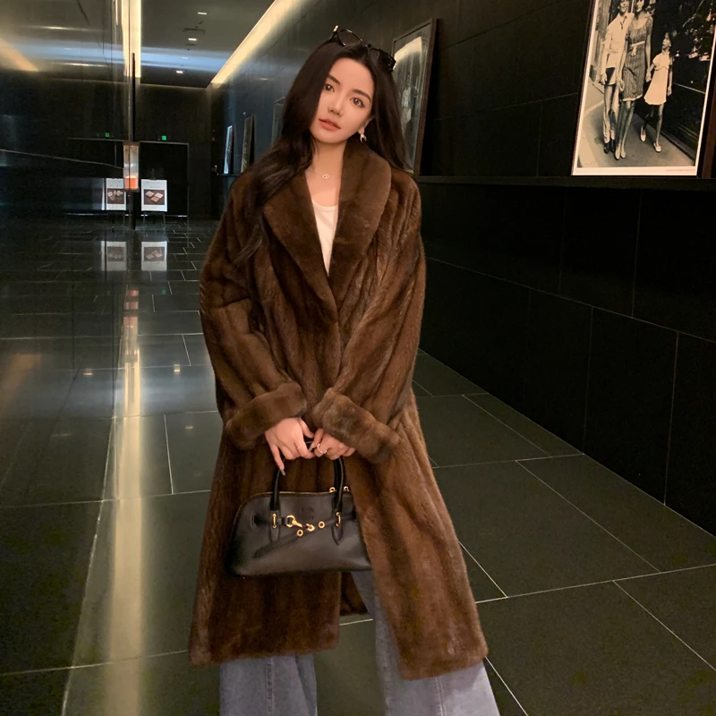 当韵进口全抽刀貂皮大衣女中长款2025新款中古水貂皮草外套青果领