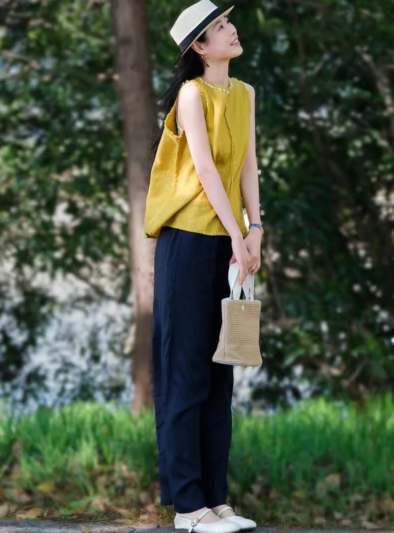 100%亚麻~2025夏新款高级感~森系毛须珍珠领纯色背心宽松