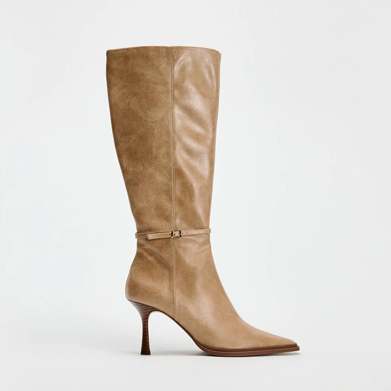 ZA2025秋冬新款小方头棕色高跟长靴复古风中高筒骑士靴细跟时装靴