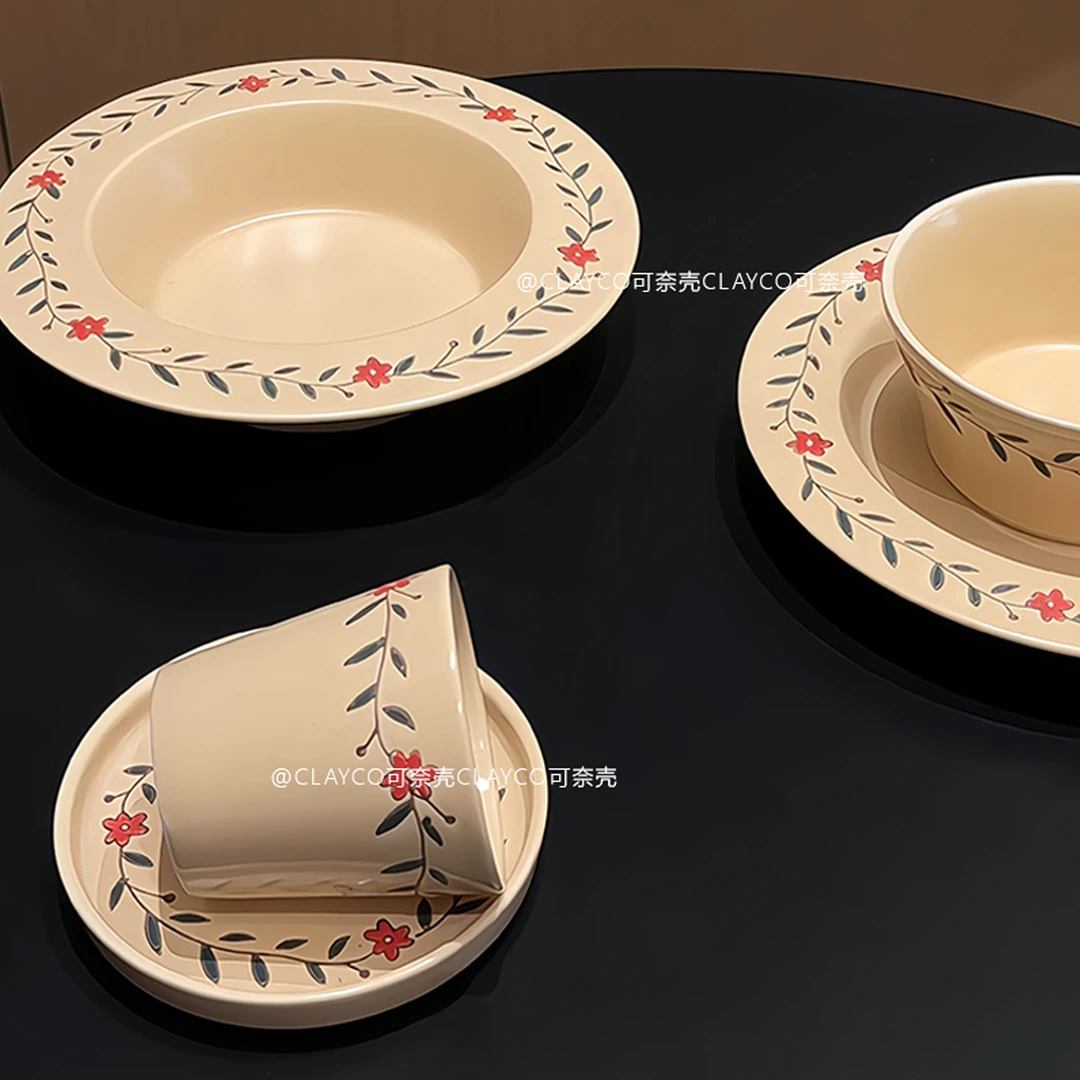 复古哑光釉下彩手绘小清新陶瓷餐具碗碟咖啡杯菜盘餐具早餐盘