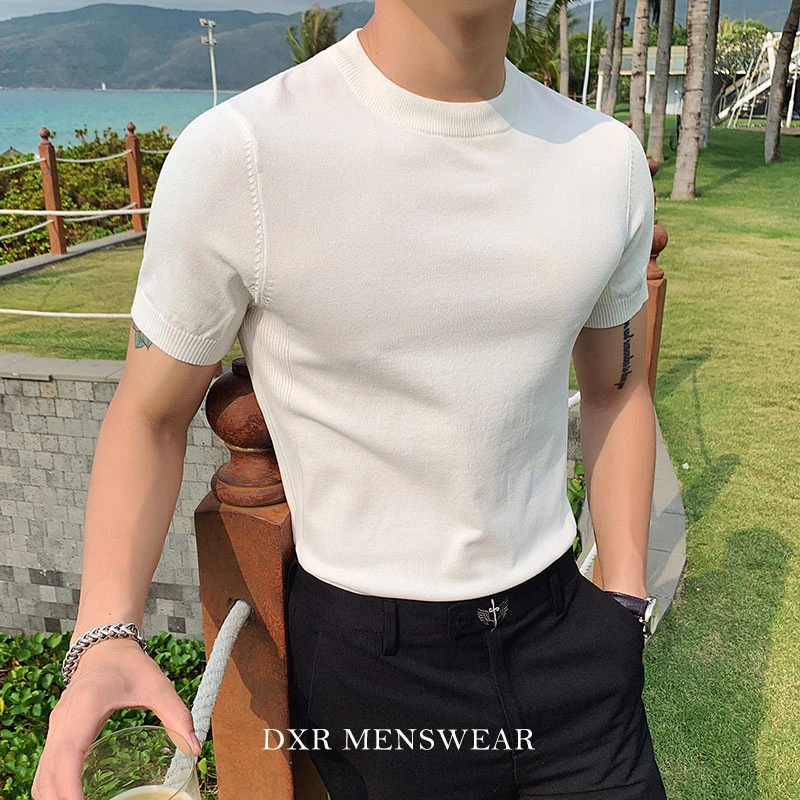 DXR针织薄款男士冰丝短袖t恤夏季凉感舒适潮流修身圆领体恤衫上衣
