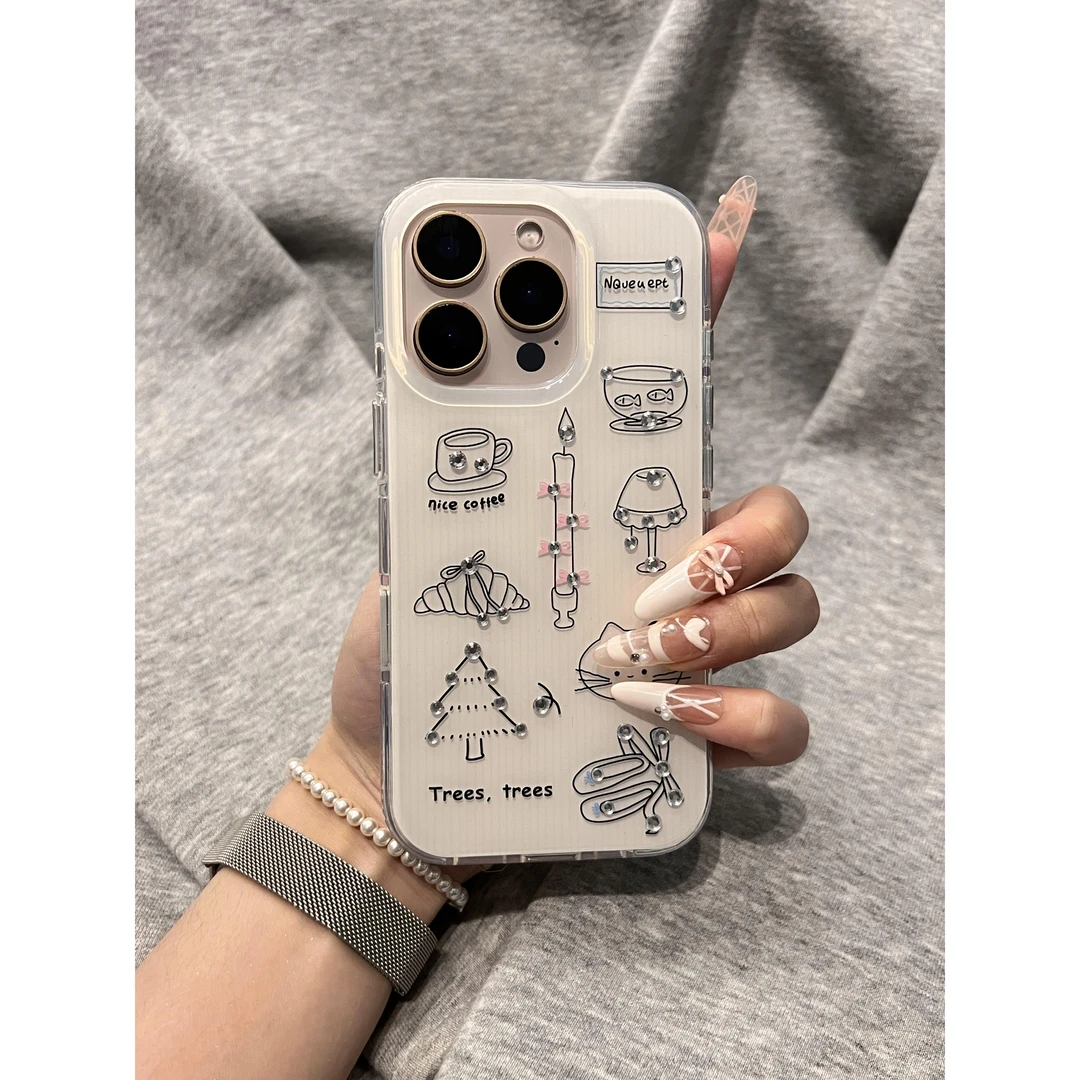 白色线条小猫蜡烛适用苹果16pro手机壳可爱iphone14苹果15pro 女
