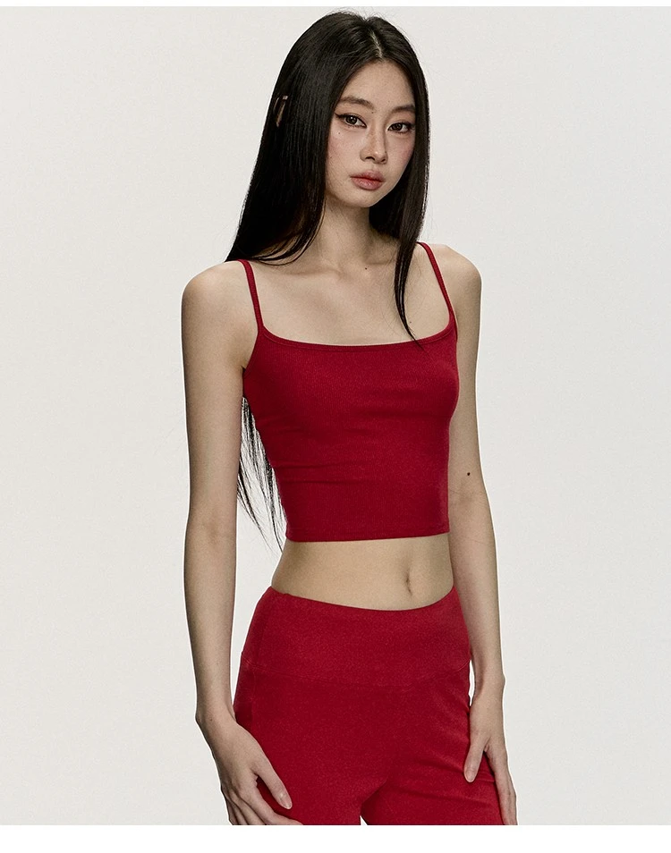 美式复古辣妹红色紧身吊带背心女夏季新款无袖上衣