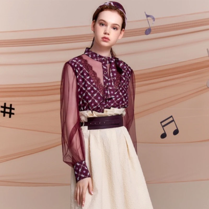 D-HARRY/迪哈利酒红色小衫领口织带拼接上衣DH221D93771D