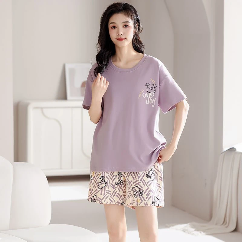22029双面纯棉睡衣女夏季短袖短裤宽松甜美可外穿女家居服套装