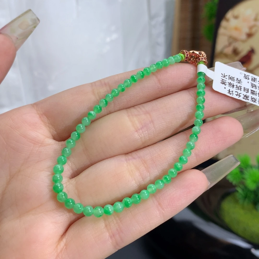翡翠手链未镶嵌卡3-3.5冰胶甜阳绿飘花