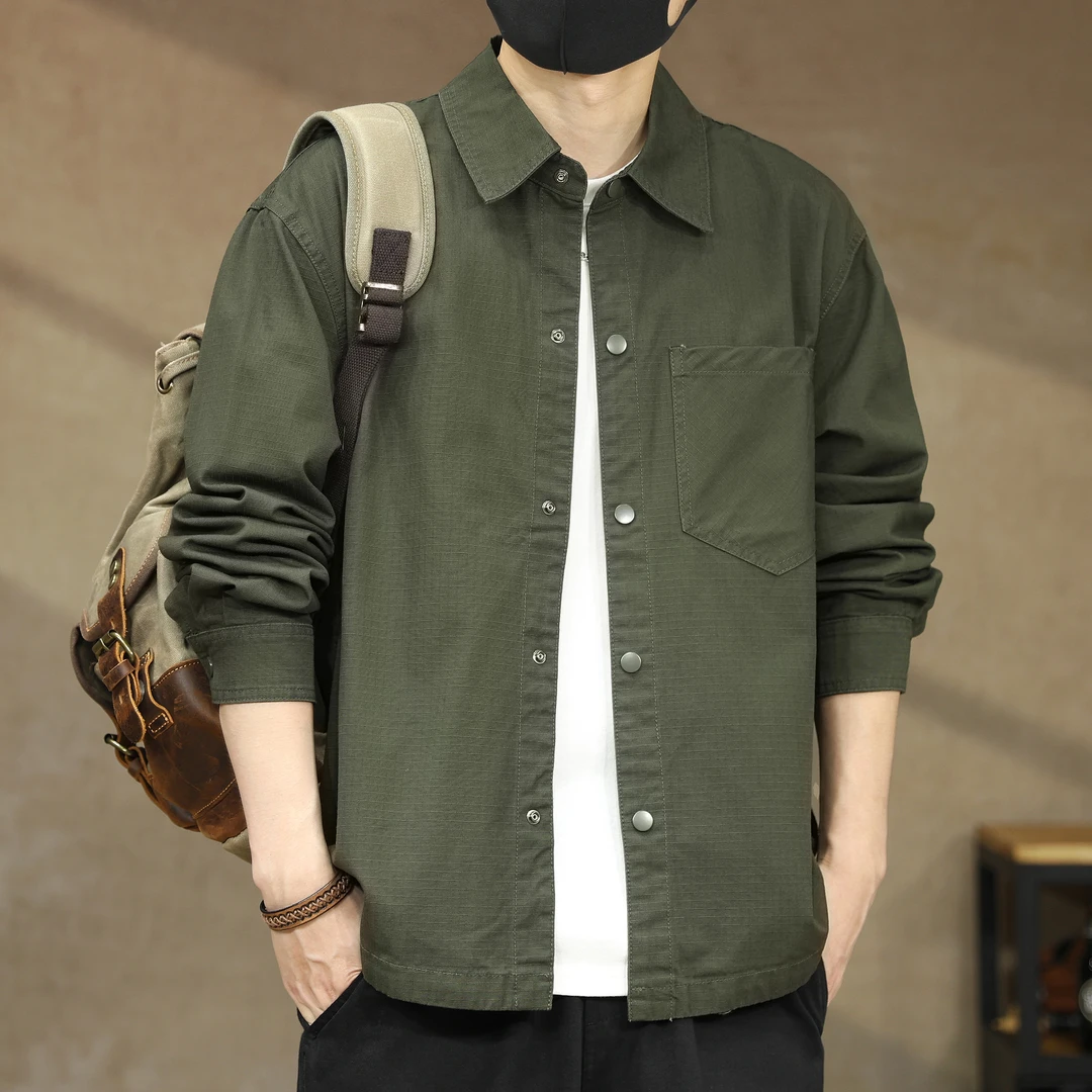 春季新款美式复古纯棉长袖衬衫男高级感痞帅外套宽松休闲翻领衬衣